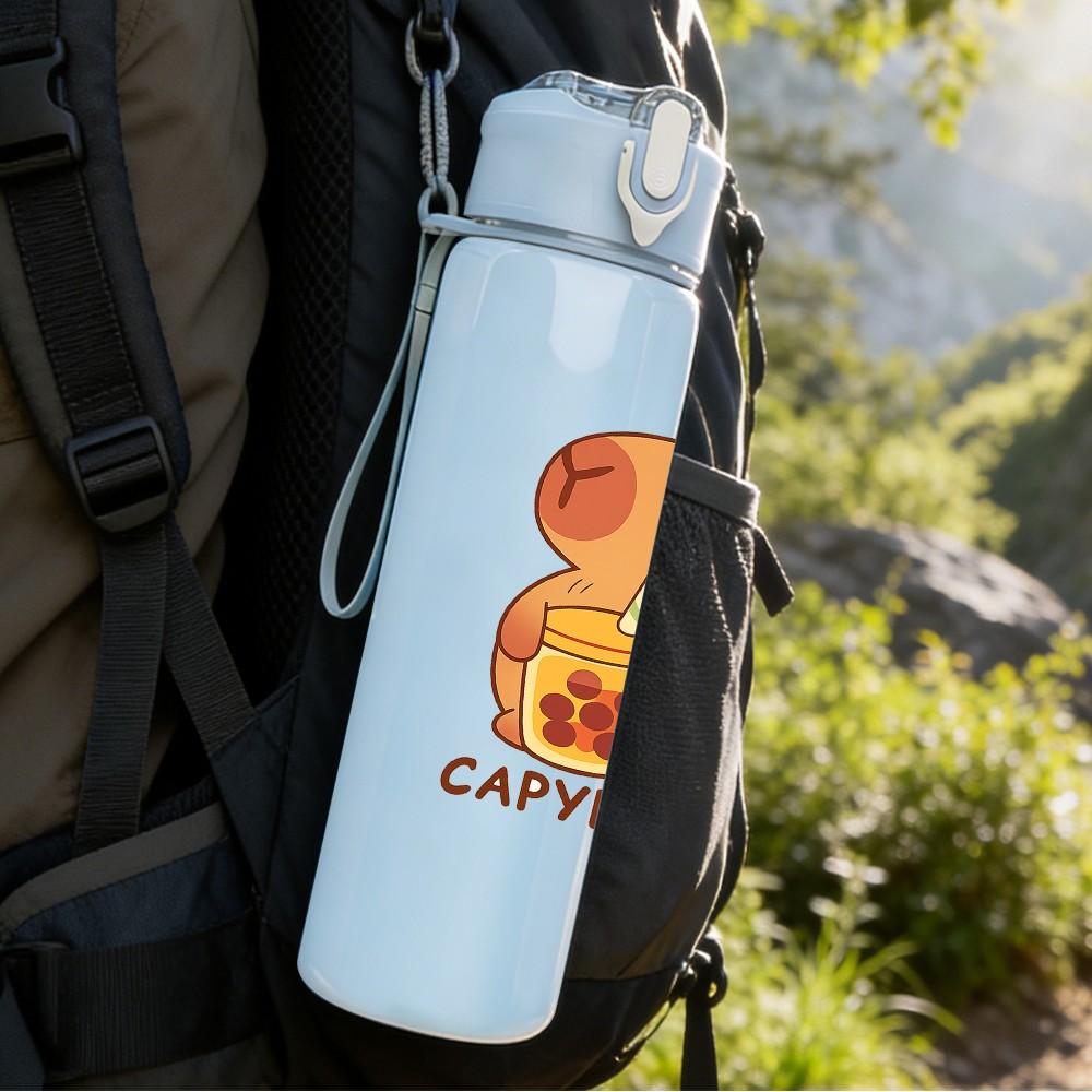 1PC Capybara Cute Cartoon Animal Print 750ml Color Plastic Sports Water Bottle Leakproof Flip Straw Lid Suitable for Sports Office Home Use