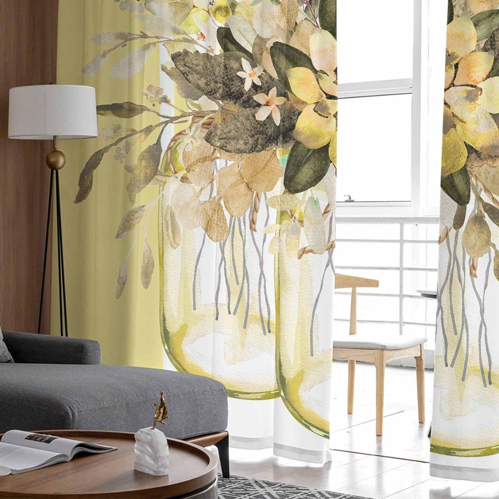 Summer Eucalyptus Leaves Striped Yellow Window Tulle Curtains for Living Room Bedroom Hotel Luxury Decoration Sheer Curtains