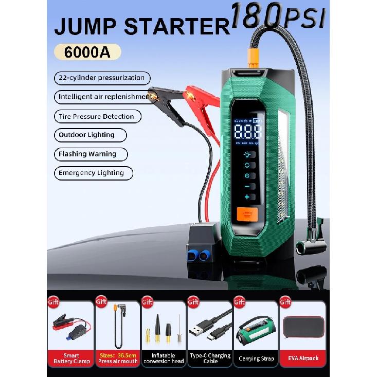 6000A 180psi 5 In1 Car Emergency Battery Pack Light 12v Booster Starting Device Capacitor Compressor Jump Starter With Air Pump