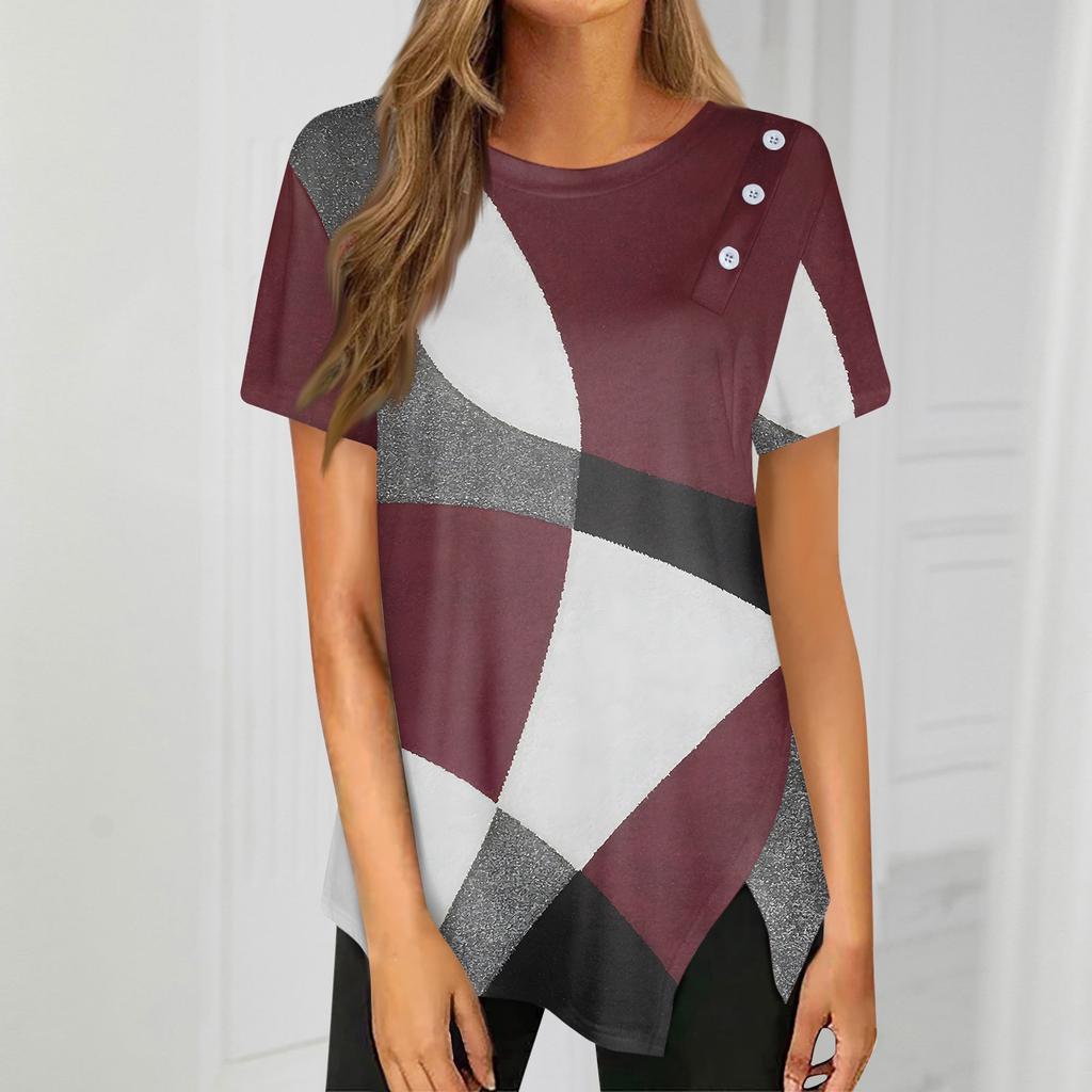Button Detail Curvy Hem T-shirt, Short Sleeve Round Neck Casual Top, Women's Clothing