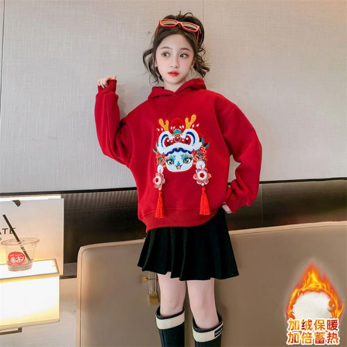 Girls Red Fleece Sweatshirt Embroidered Round Neck Warm Winter Top For 12 Year Old Chinese New Year Zodiac Gift