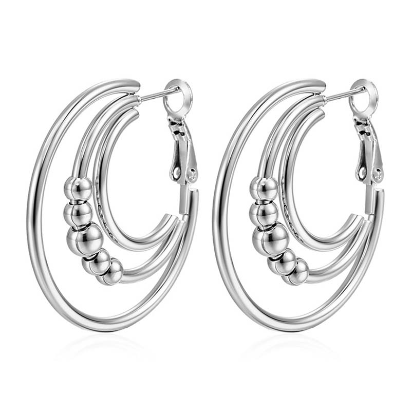 Stainless Steel Multilayer Round Bead Hoop Earrings For Women Men Vintage Gold Color Double Circle Smooth Earrings Zircon Gifts