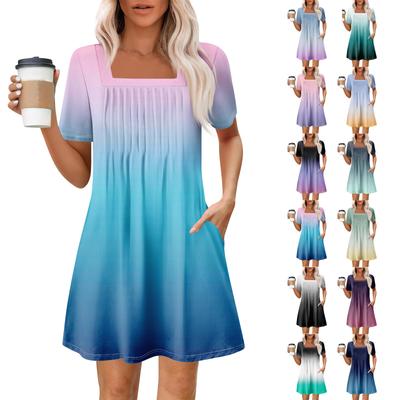 Women's Summer Casual Square Neck Pleated Front With Pocket Printed Short Sleeve Dresses