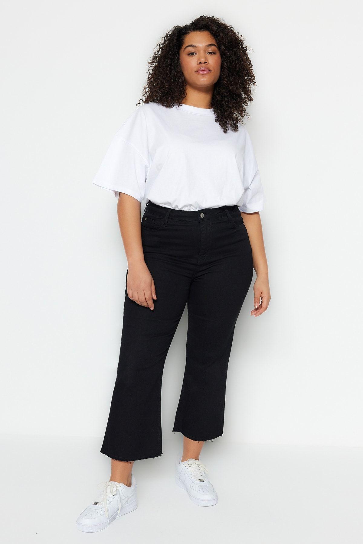 

Women s Plus Size Jeans Black Non-Fading High Waist Short Leg Culotte Fit Jeans XL