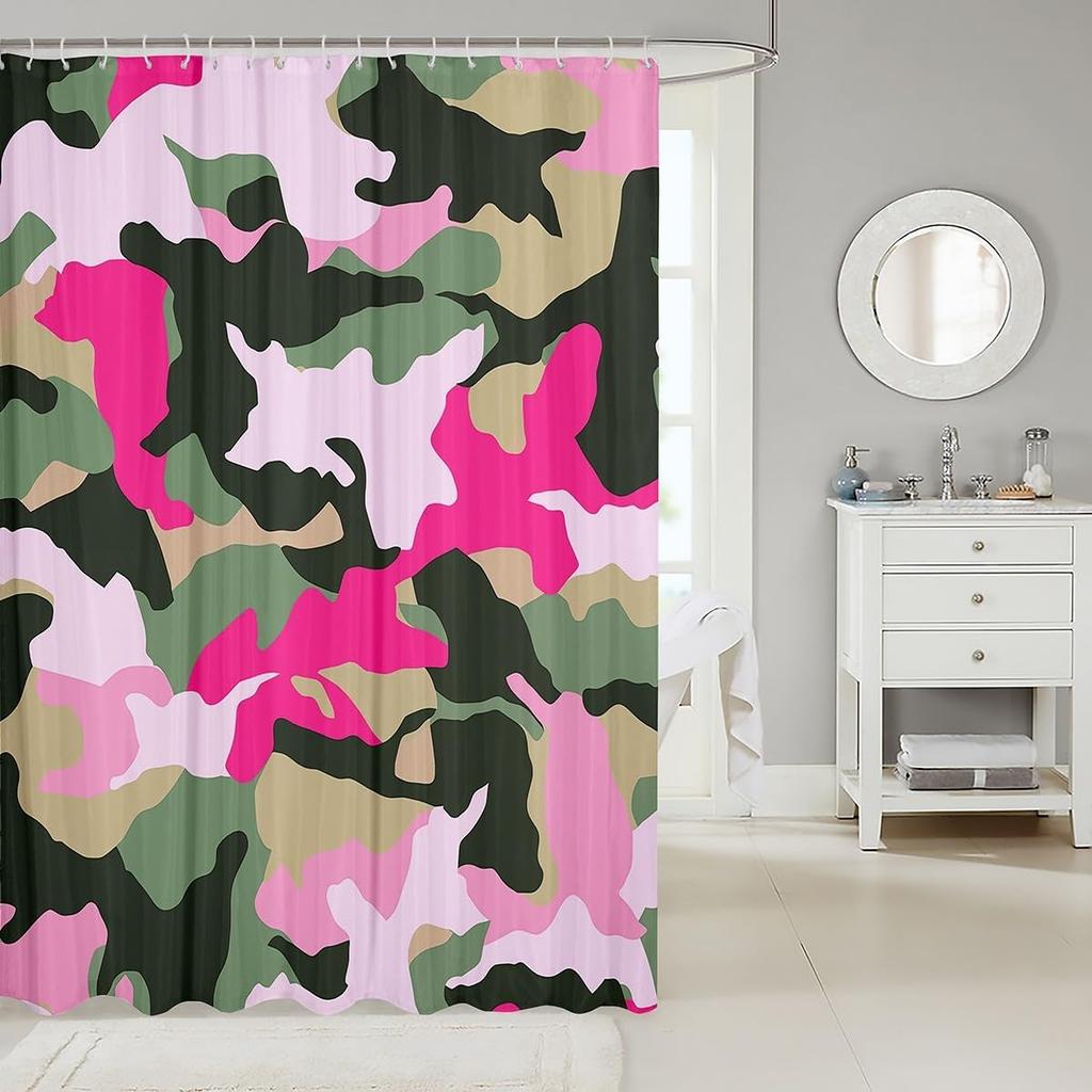 Grün Pink Camouflage Wasserdichter Badezimmervorhang Militär-Thema Duschvorhang, Armeecamo Duschvorhang Buntes Muster Badezimmer
