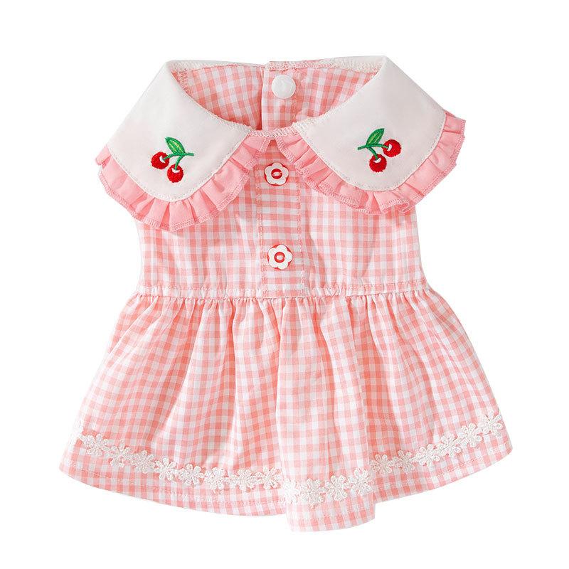 Spring Summer Doll Collar Cherry Embroidery Puppy Dog Dress Princess Wind Cat Skirt Pet Two-legged Dog Dress