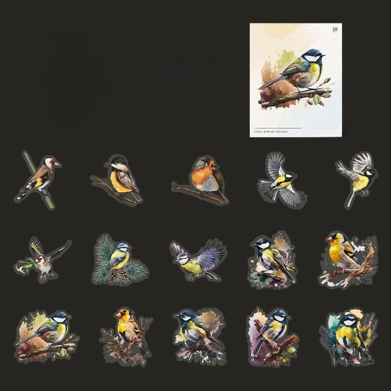 30 Pcs Watercolor Style Flower Birds Stickers Aesthetic Decorative Diary Album Stationery Stick Labels Junk Journal Supplies