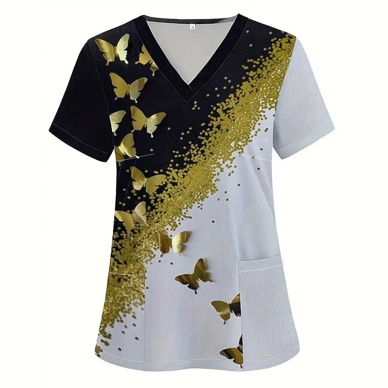 Dámské zdravotnické uniformy Kreslený vzor Potisk Zubní Sestra Topy Módní Výstřih do V Krátký Rukáv Veterinární Lázně Klinická Uniforma Žena