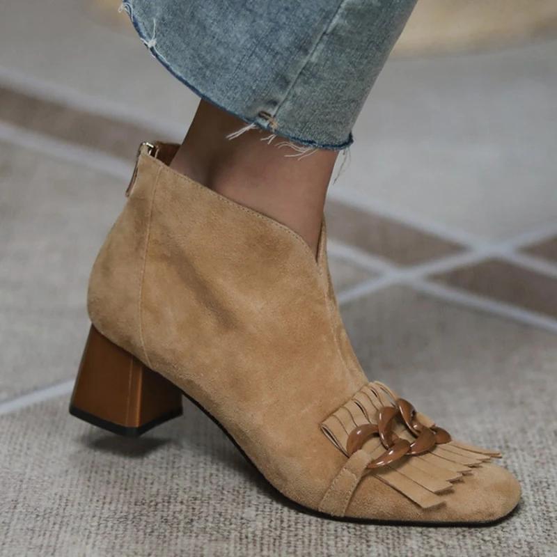 Fashion HOT SALES Autumn/Winter Women Boots Sheep Suade Round Toe Square Mid-Heel Ankle Boots Tassel Zipper Fashion Office Ladies Shoes