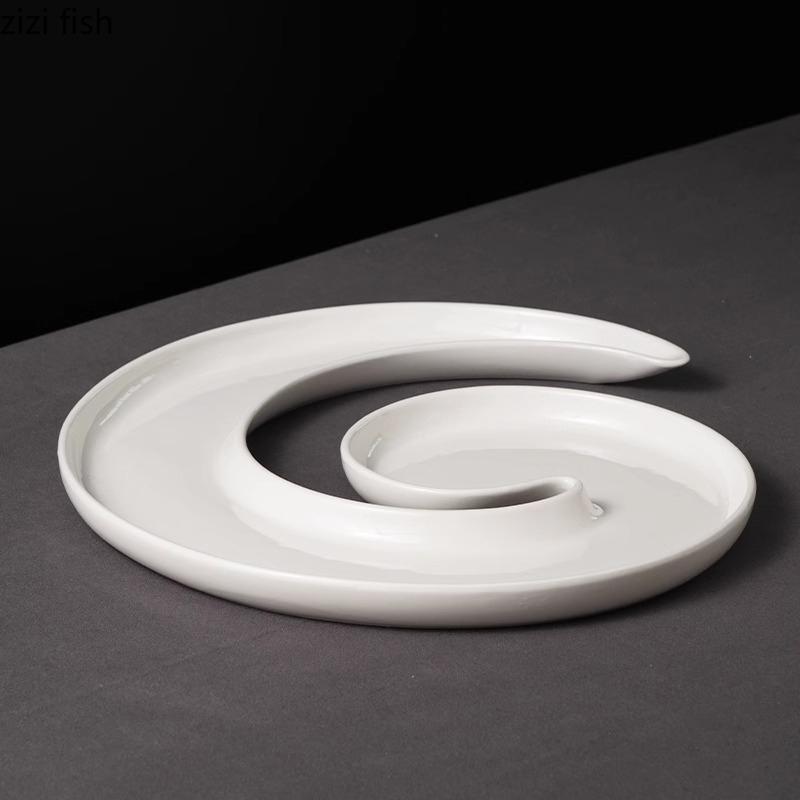 Solid Color G-shaped Ceramic Fish Plate Creative Curved Service Plate Snack Plate with Tray Restaurant Specialty Tableware