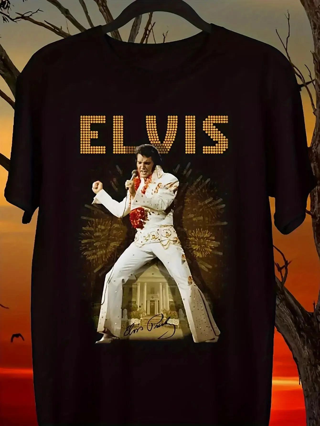 

Black T-Shirt Featuring Elvis Presley S Signature Eye-Catching Golden Red Design with Comfortable Fit Suitable for Any Season 4XL