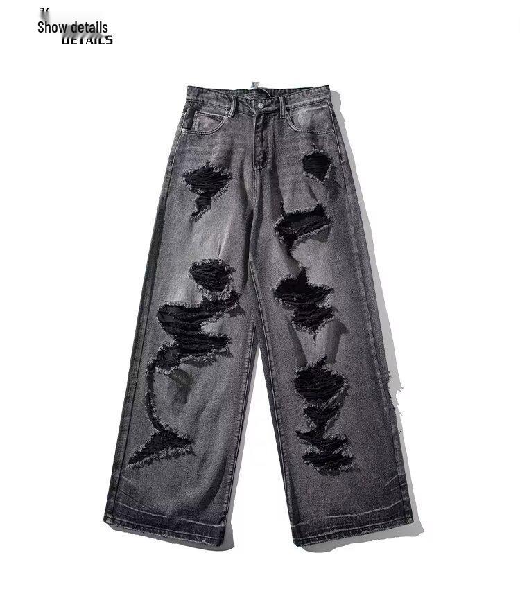 Men's Vintage Washed Black Wide-Leg Ripped Jeans