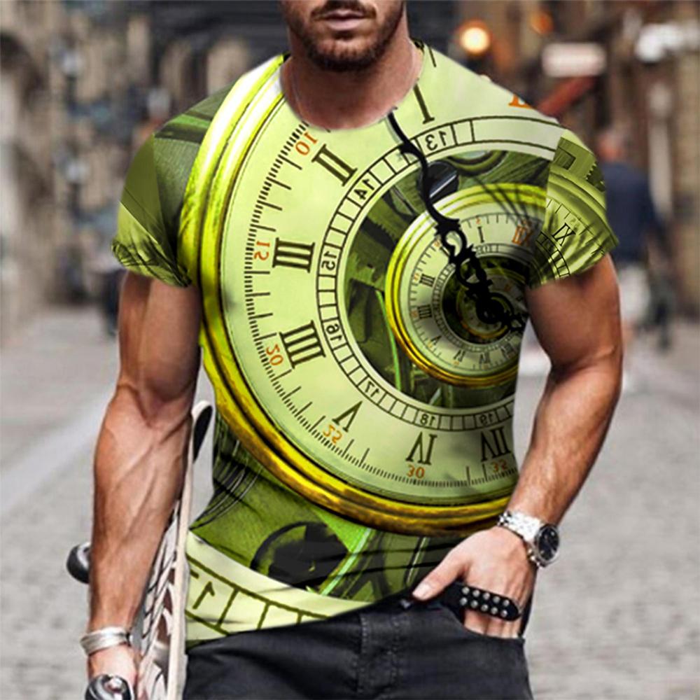 2024 Men's Vintage Clock Print T-Shirt Men's Street Casual Wear Men's Summer Fashion Top Men's Sports Sweat Wicks Short Sleeve