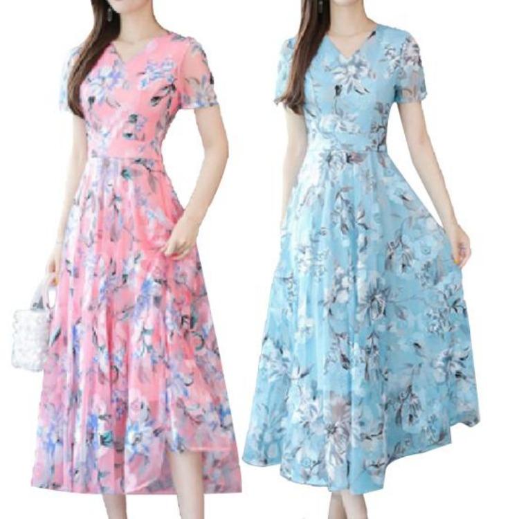 Waist Tight Floral Print Summer Women Midi Dress Streetwear Short Sleeve Dress for Party