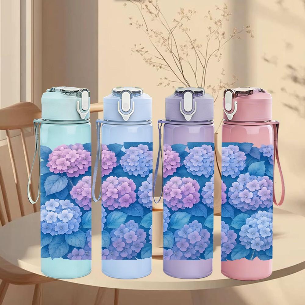 1PC Purple Hydrangea Flower 750ml Color Plastic Sports Water Bottle Leakproof Flip Straw Lid Suitable for Sports Office Home Use