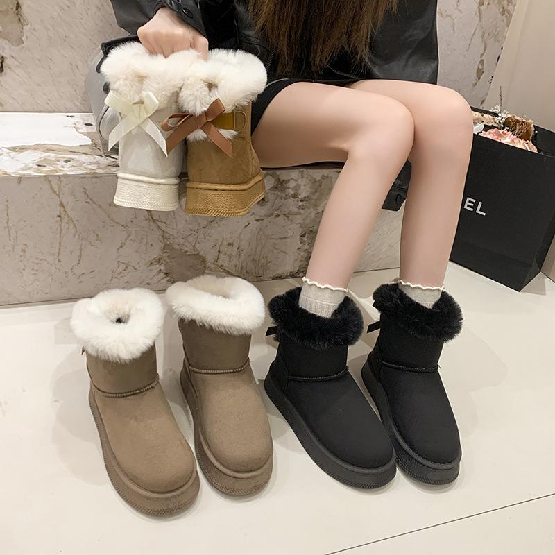 2025 New Bow Decoration Casual Women's Snow Boots Thick Sole Plus Size Warm Cotton Shoes