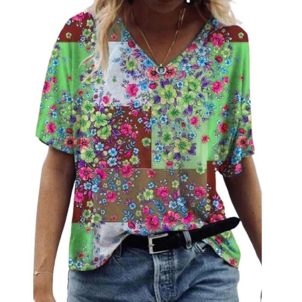 New Abstract Patterns T-Shirts Floral Flower 3D Print Women's V-Neck Short Sleeve T Shirt Y2K Tees Harajuku Tops Female Clothing