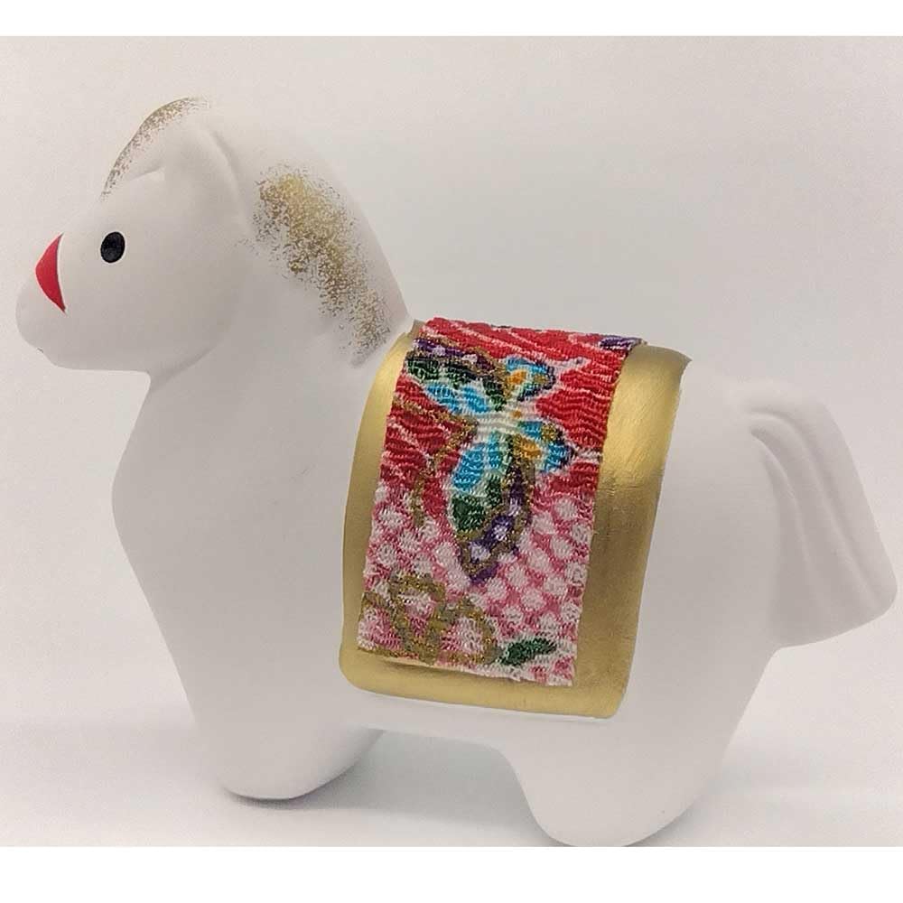 Japanese Zodiac Horse Figurine with Decorative Screen Stand, White Clay Traditional Design