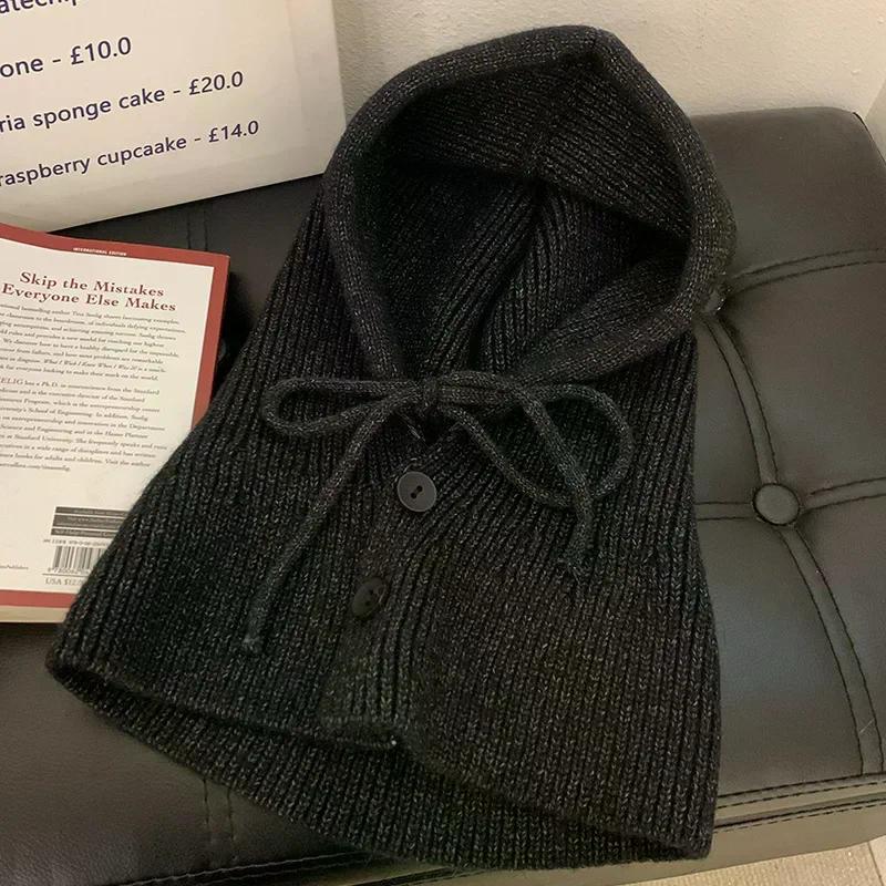 Korea Winter Hats and Scarf Set with Botton Scarf Balaclava Hat Warm Neck Set Women Knitted Wool Pullover Hat Gothic Y2k