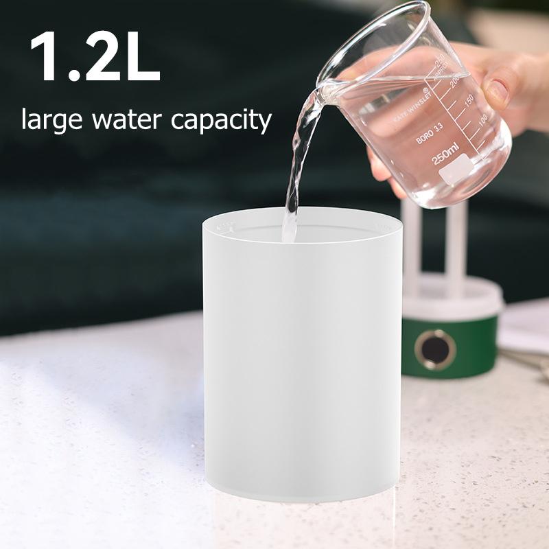 Umidificator de aer cu ultrasunete pentru acasă de 1200 ml Usb duză duală Aparat pentru ceață grea Ceață cu afișaj de umiditate Lumină de noapte LED colorată