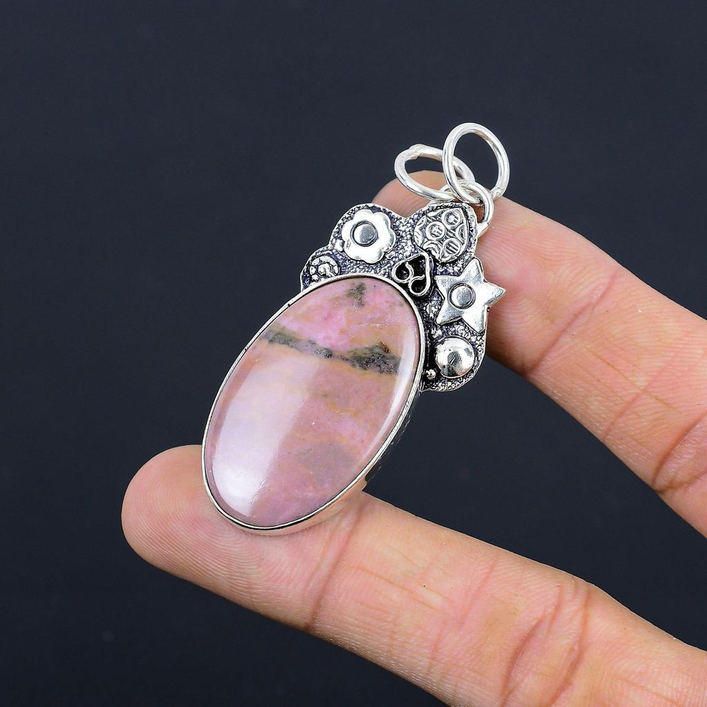 925 Sterling Silver Rhodonite Stone Wife Ethnic Trendy Bezel New Pendant Jewelry
