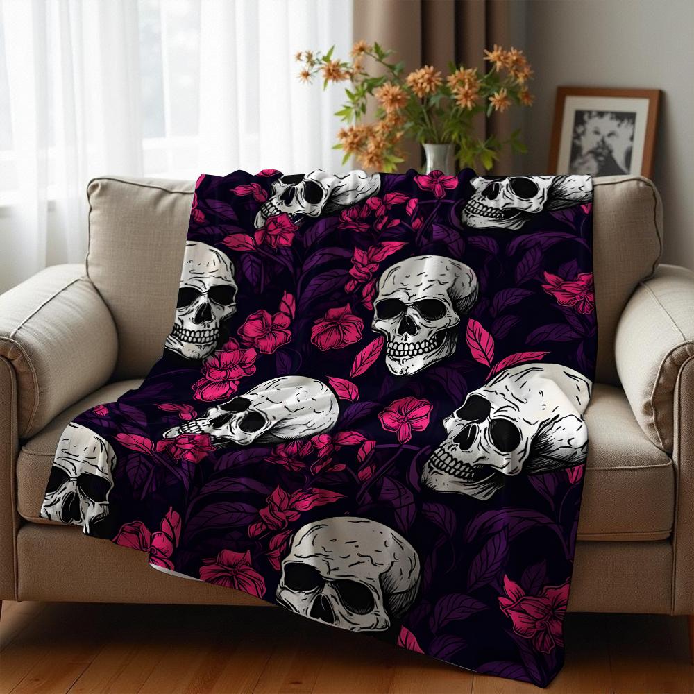 Skull Heart Grid Dark Motif Cartoon Anime Print Flannel Blanket Soft Warm Throw for Kids Bedroom Sofa Christmas Office Car