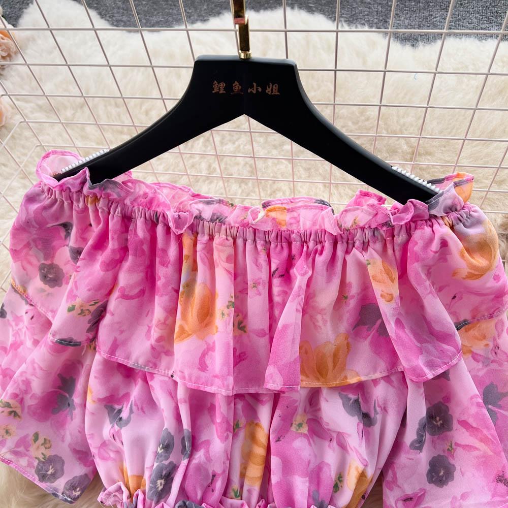 Summer French One Line Neck Fragmented Flower Dress Pleated Waist Wrapped High Grade Sweet Dress