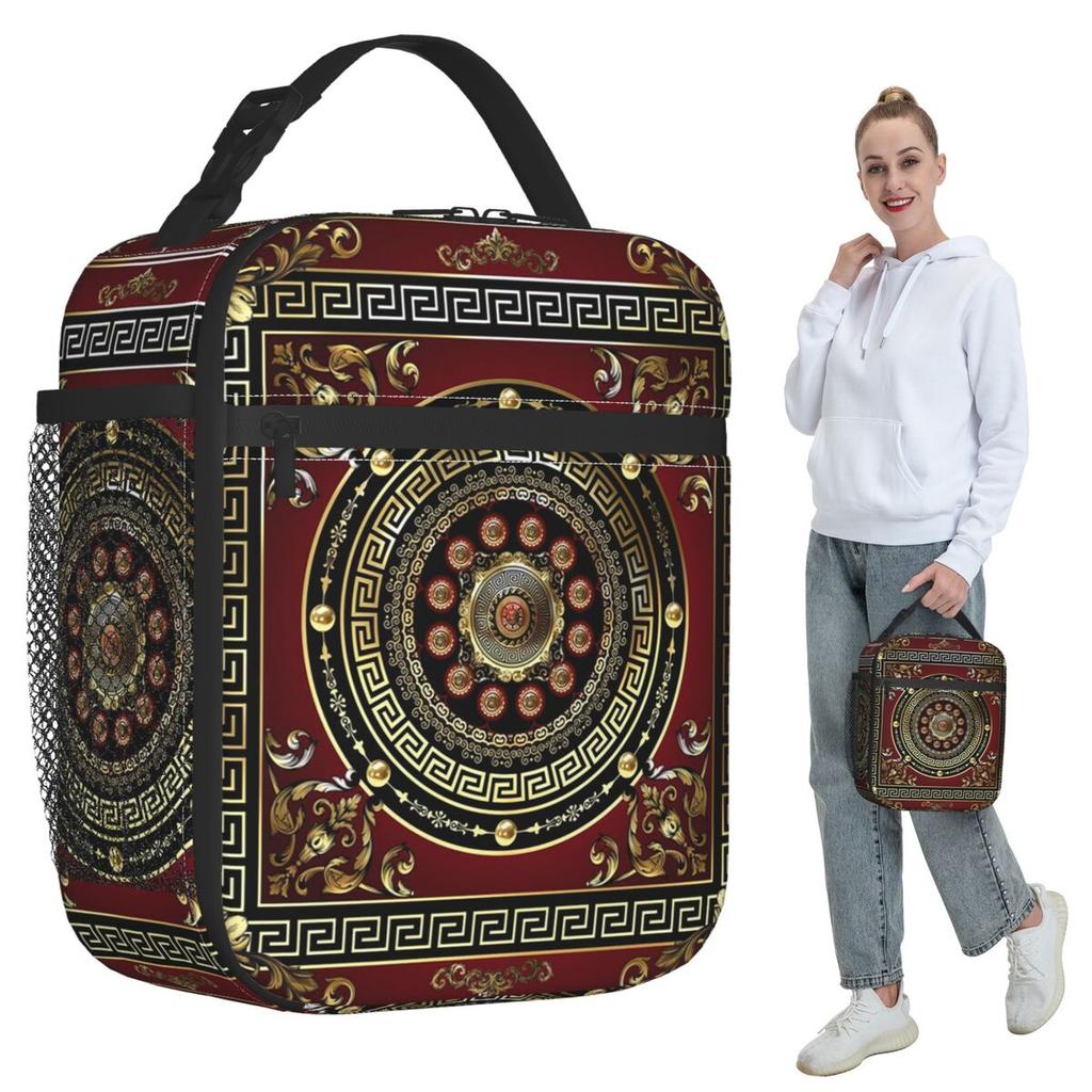 Greek Key Meander Red Gold Black Medallion Baroque Insulated Lunch Bag for Kids School Cooler Thermal Food Box Tote Lunch Boxes