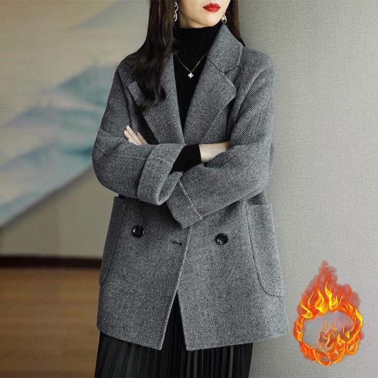 Women's Woolen Coat Autumn Winter New Suit Collar Temperament Herringbone Loose Thin Versatile Warm