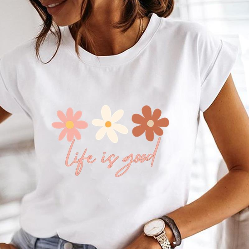 (Asian Size) Women Lady Female Top Printed Tee Summer Clothing Flower Sweet Trend Casual T Shirt Fashion Graphic Short Sleeve T-shirts