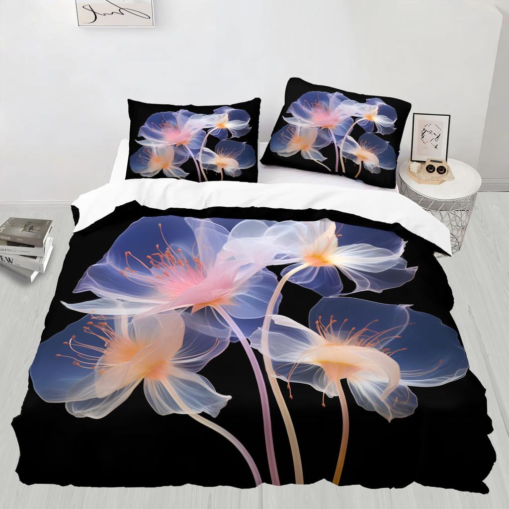Blue Flowers Duvet Covers For Kids Teens Adults Queen King Lightweight Quilt Cover With 2 Pillowcases Nature Themed Bedding Sets