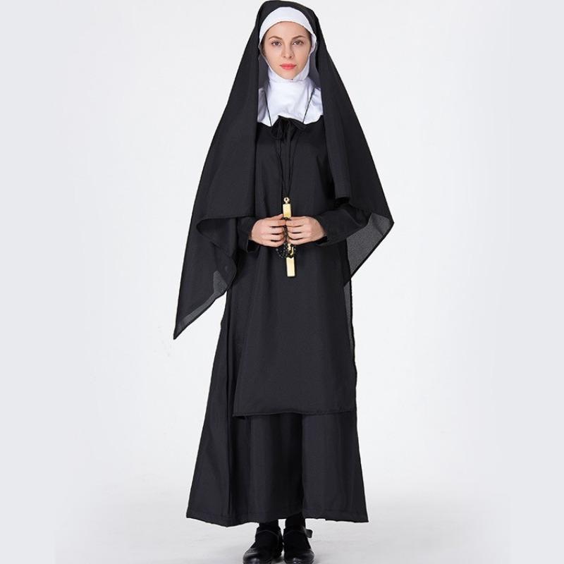 Halloween nun costumes, Virgin Mary stage performance black robe