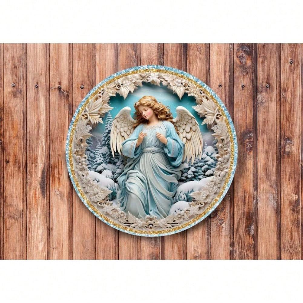 Faux 3D Blue Christmas Angel Wreath Metal Sign for Home & Room Decor