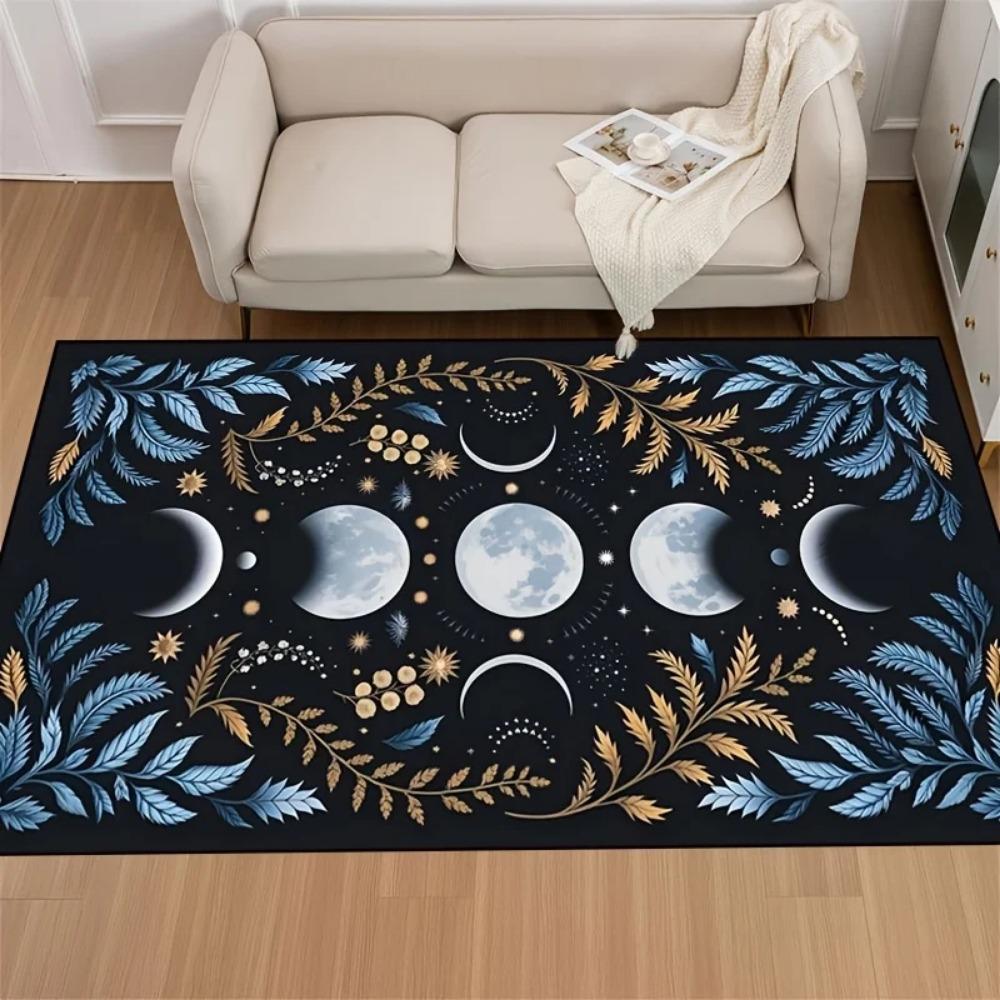 Celestial Moon Phase Mat - Mystic Floral Rug for Living Room, Bedroom & Entryway, Machine Washable Boho Decor Floor Carpet
