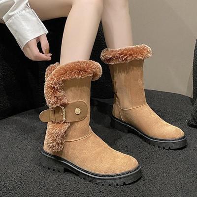 Zapatos de mujer en oferta, botas nuevas de mujer con mangas, punta redonda de invierno, felpa polar para mayor calidez, botas de nieve de tacón bajo y tubo medio