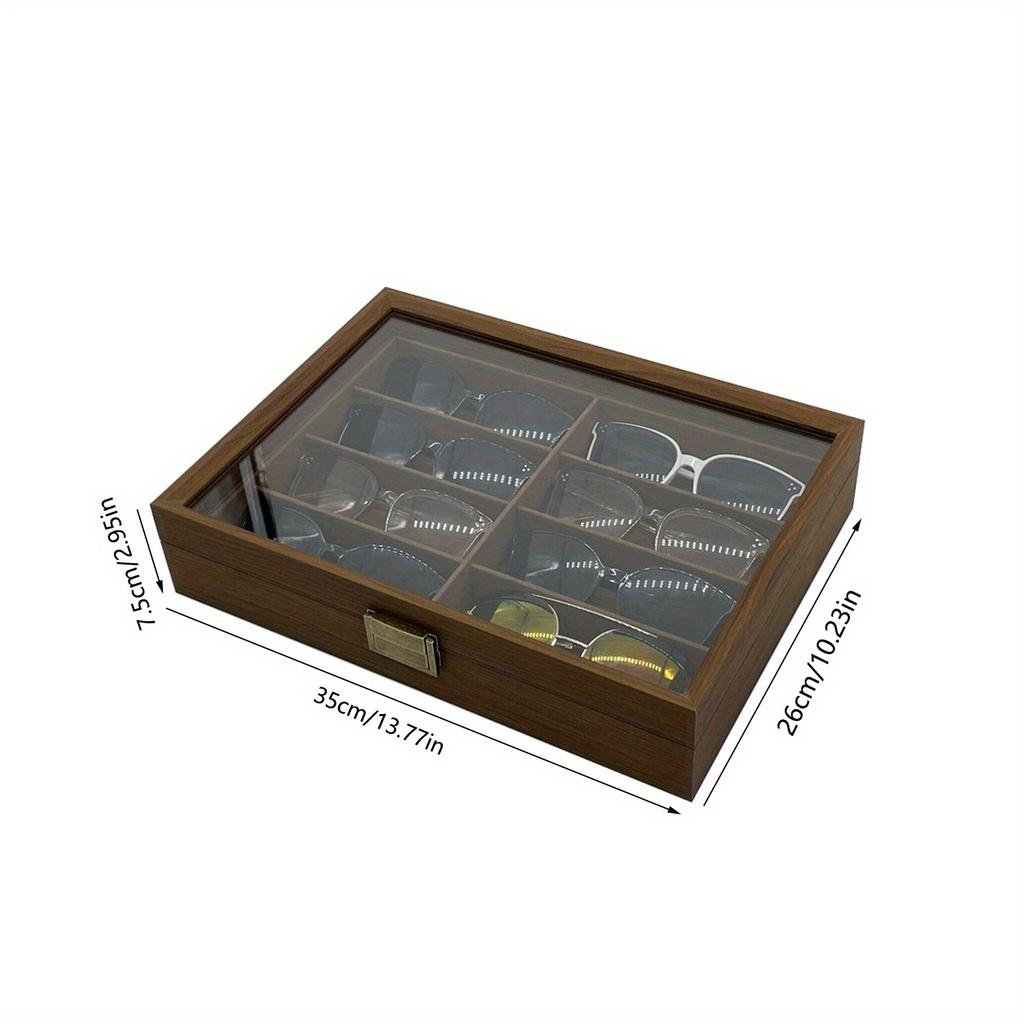 1pc 8 Grids Sunglasses Wooden Transparent Retro Storage Box with Latch, Velvet Display Cabinet,suitable for Women&men,lockable Multi Pair Glasses.