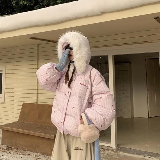 Autumn and Winter American Striped Bow Collar Hooded Cotton Jacket, Thickened Warm Cotton Jacket for Women