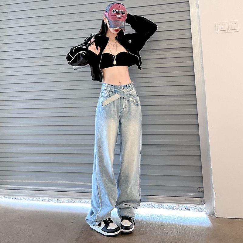 

Women s High Street Raw Hem Patchwork Denim Wide-Leg Jeans - Spring/Summer Collection Extra Large синий