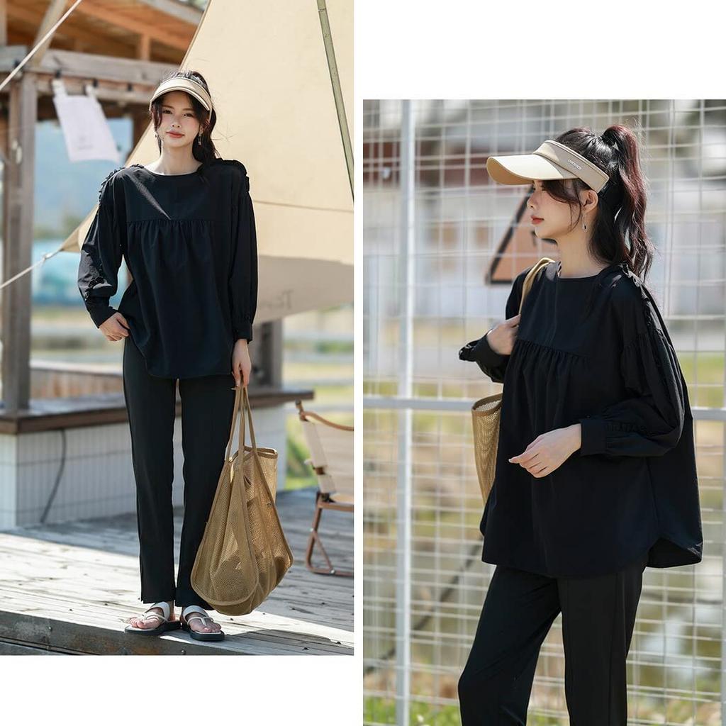 Teddy Long Sleeve Rash Guard with Slit Women's Leggings, Amphibious, Hoodless, Thin, rashguard027-B (M, B Black)