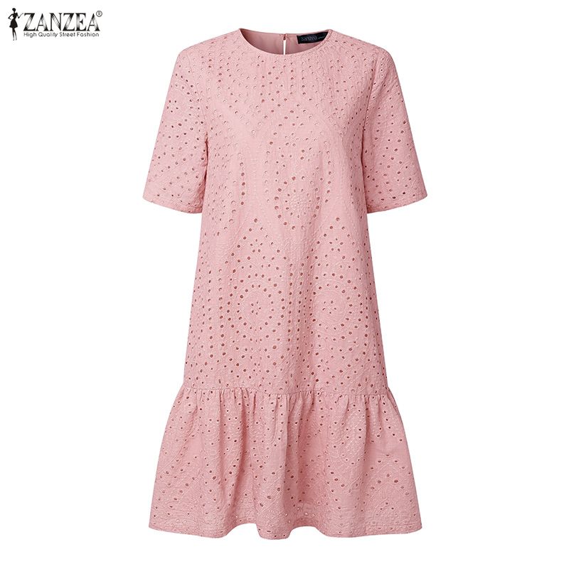 ZANZEA Women Casual Hollow Embroidered Patchwork Summer Short Sleeve Dress