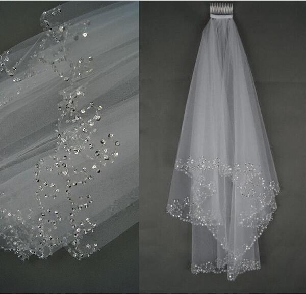 

Two-Layer 1.5m White Bridal Veil with Comb and Beaded Sequins - Wedding Headwear Accessory 60cm-80cm слоновая кость/белый