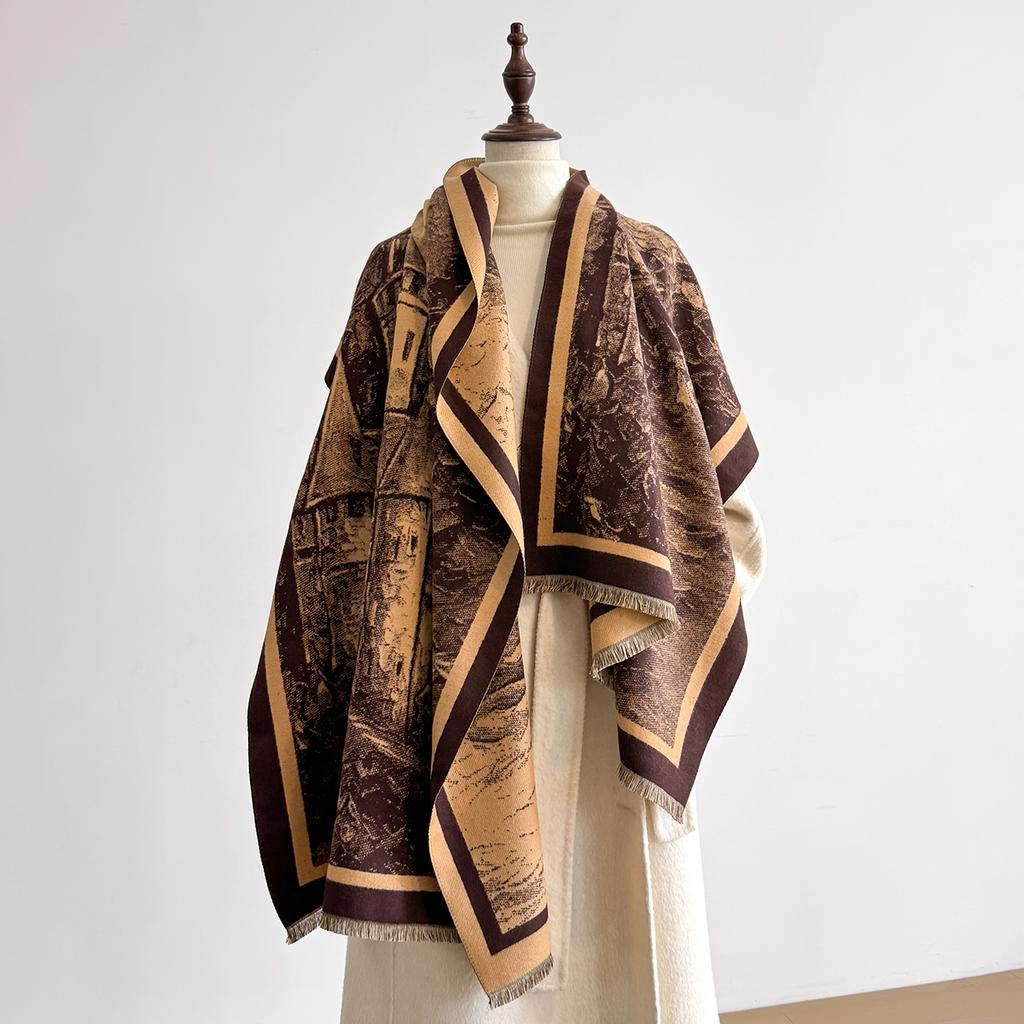 Retro Style Cashmere Women Castle Print Double-Sided Scarf Winter Warm Shawl Pashmina Female Foulard Blanket Poncho Scarves