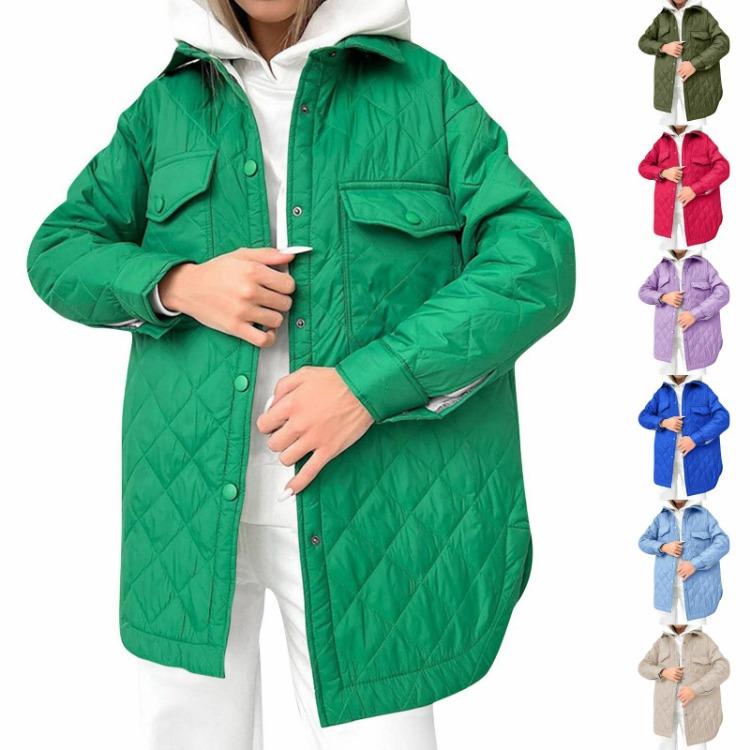 Thickened Warm Cotton Coat Women Long Loose Button Down Lapel Diamond Pattern All Season
