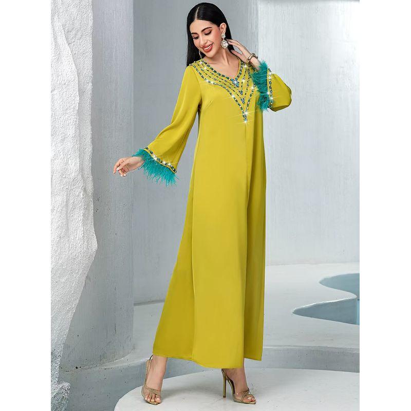 New Middle East Patchwork Feather Sleeve Diamond Robe Dress V-Neck Diamond Studded Dress