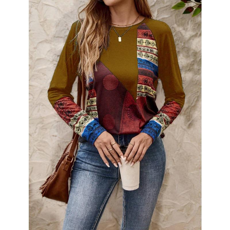 

Элегантная женская футболка 3D ретро-принт модный длинный рукав круглый вырез обычный топ праздничный выходной весна и осень XL