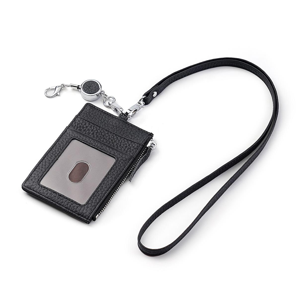 

Натуральная кожа Держатель для бейджа на шнурке Кошелек Блокировка RFID Выдвижная катушка Молния Карман для карт чёрный