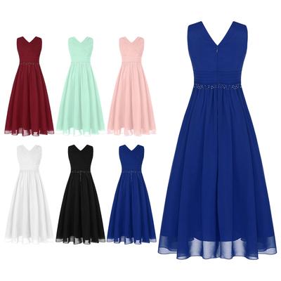 Girls Formal Party Gown V Neck Sleeveless Ruched Interwoven Chiffon Long Dress for Wedding Flower Girl Cocktail