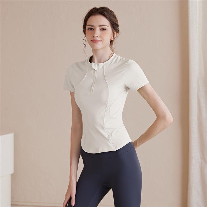 

Women s High-End Elastic Half-Zip Yoga Suit - Quick-Dry Short Sleeve Running Fitness Top L