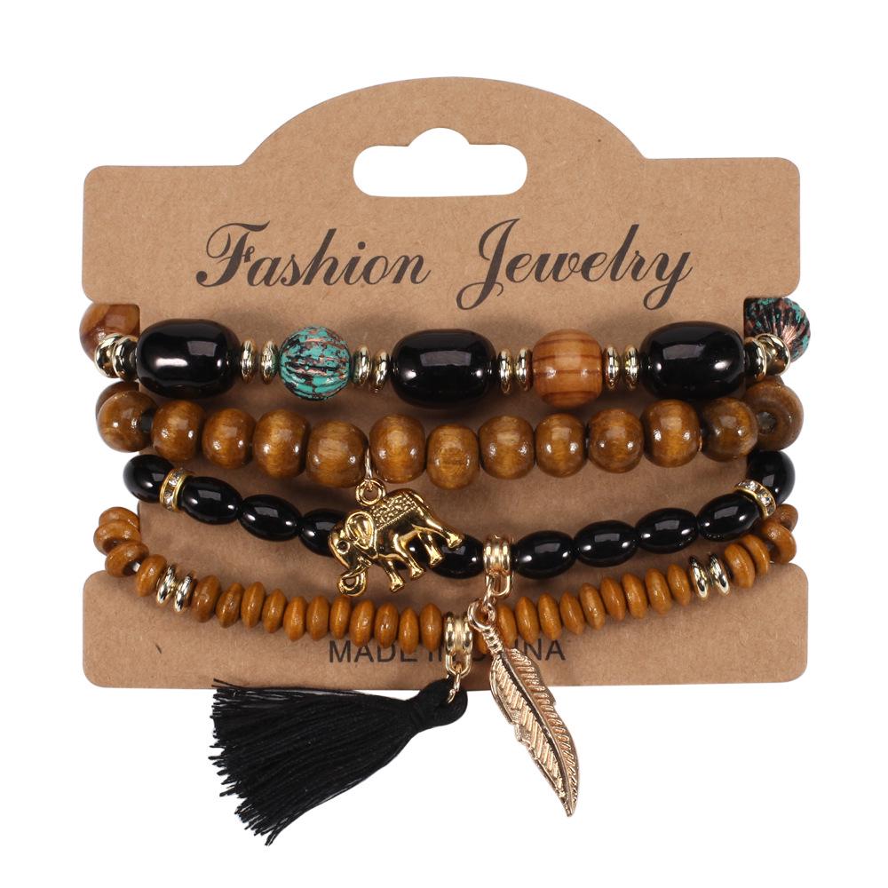 Bohemian Elephant Leaf Tassel Pendant Bracelet with Wooden Beads