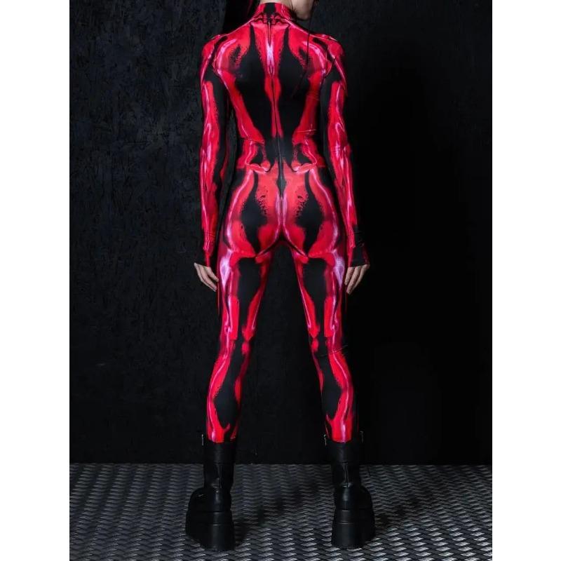 Damski Halloweenowy Kombinezon Body z Długim Rękawem z Nadrukiem Cyfrowym Slim Kostium Cosplay